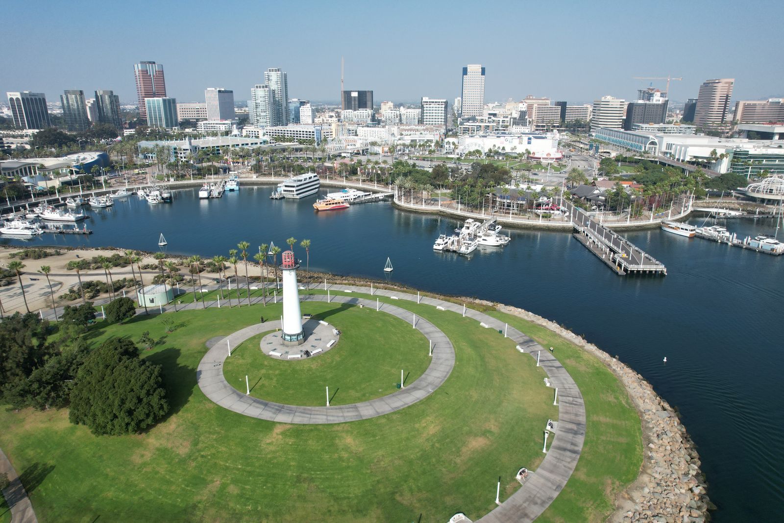 Aerial view of Long Beach harbor, its lighthouse and skyline, a port for last minute cruises from California