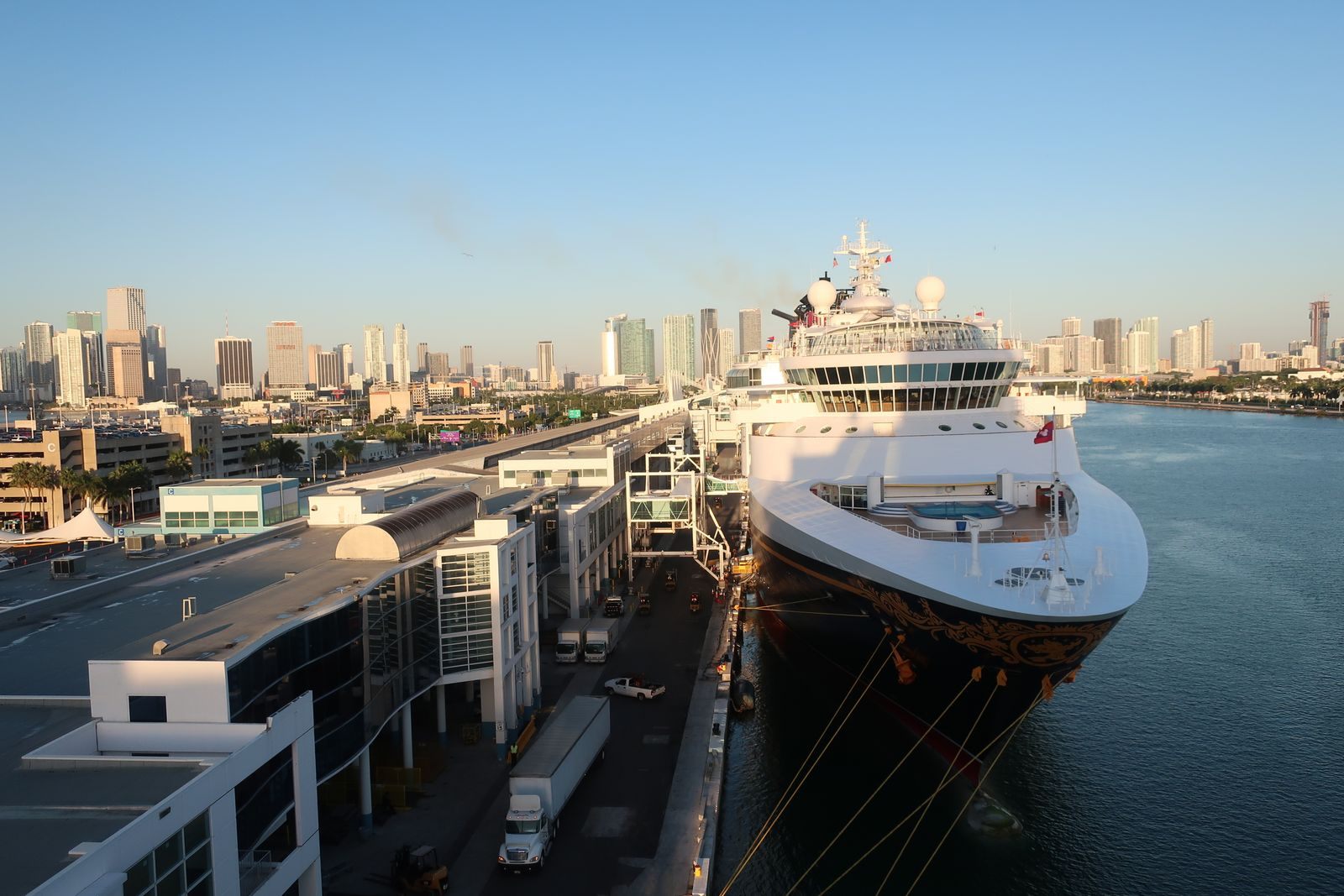Cruise ship docked at PortMiami with the downtown skyline behind, a hub for last-minute cruise sales